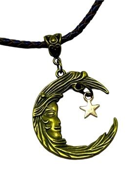 Handmade Antique Bronze Moon & Star Necklace with Braided Leather Cord!